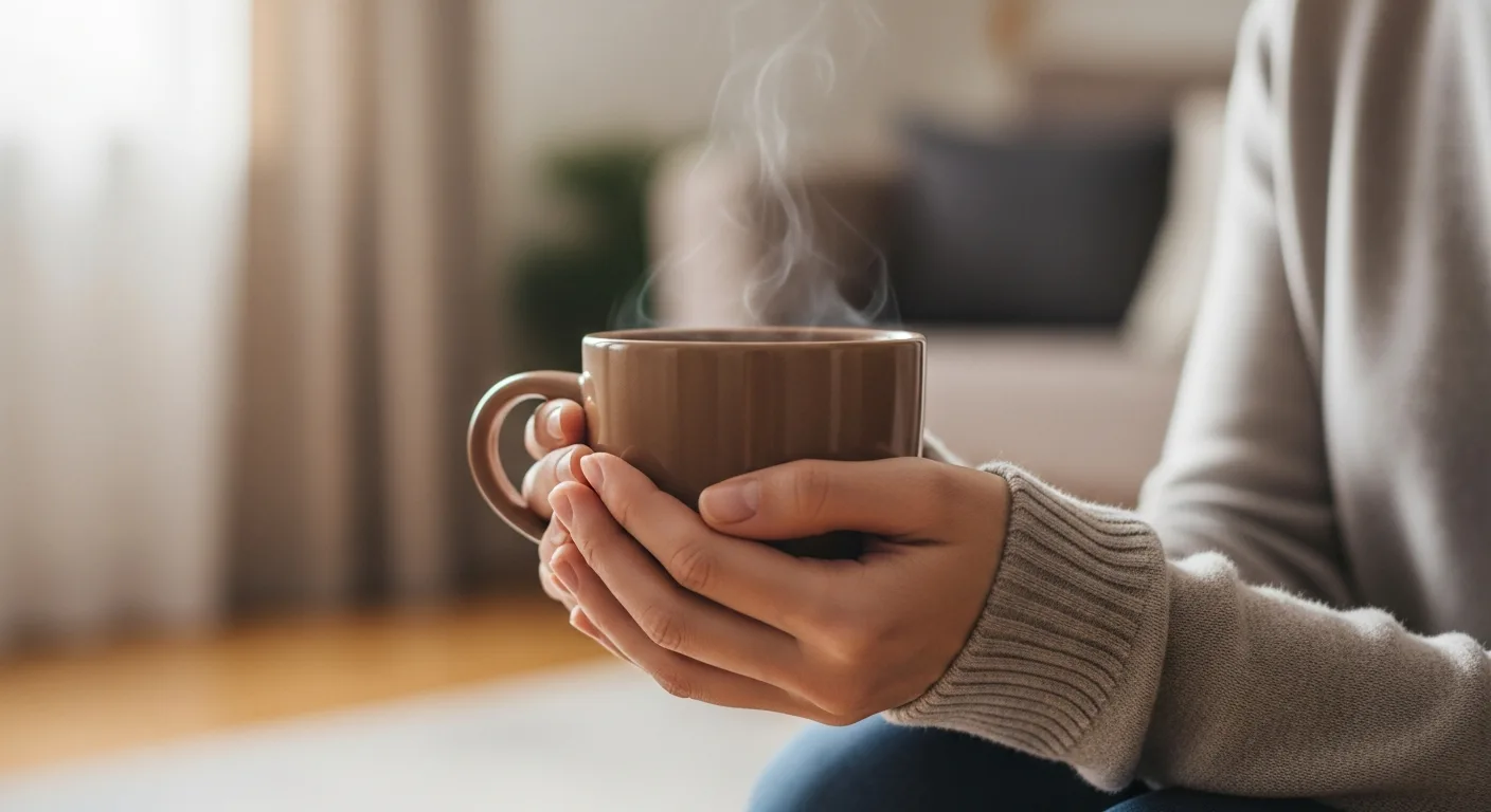 A cinematic 16:9 shot of a woman's hands holding a warm, heavy ceramic mug of coffee. Soft, natural morning light streams from a nearby window, illuminating the steam rising from the mug. The background is a warm, neutral, and slightly out-of-focus living space. The mood is one of quiet contemplation and steady strength, emphasizing the real-life texture of the mug and the gentle light. Soft pastel tones dominate the scene.