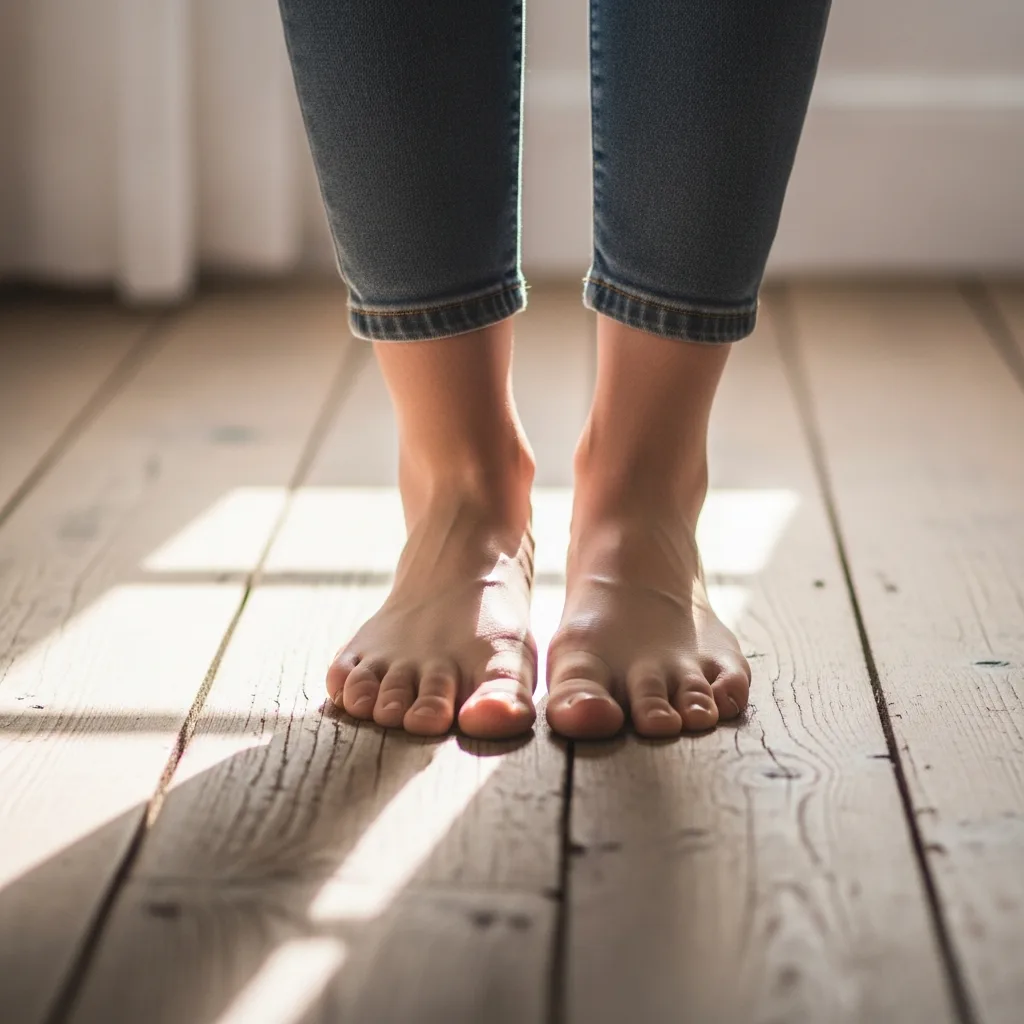 A close-up, eye-level shot of a woman's bare feet planted firmly on a worn, textured wooden floor. Soft, natural light from a window grazes across the floor, highlighting the texture of the wood grain. The background is soft and out of focus. The image captures a quiet, authentic moment of grounding and stability, using a palette of soft pastels and warm neutral tones.