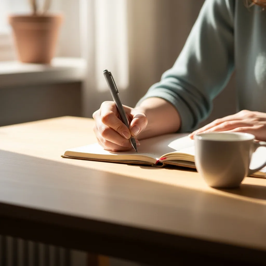 A close-up shot of a woman's hand writing in a journal on a simple wooden desk. Soft, natural light illuminates the texture of the paper and her hand. A small, simple coffee cup sits nearby. The moment feels authentic and un-posed, capturing the quiet confidence of reclaiming one's own story. The colors are soft pastels and warm neutrals, creating a feeling of peace and steady progress.