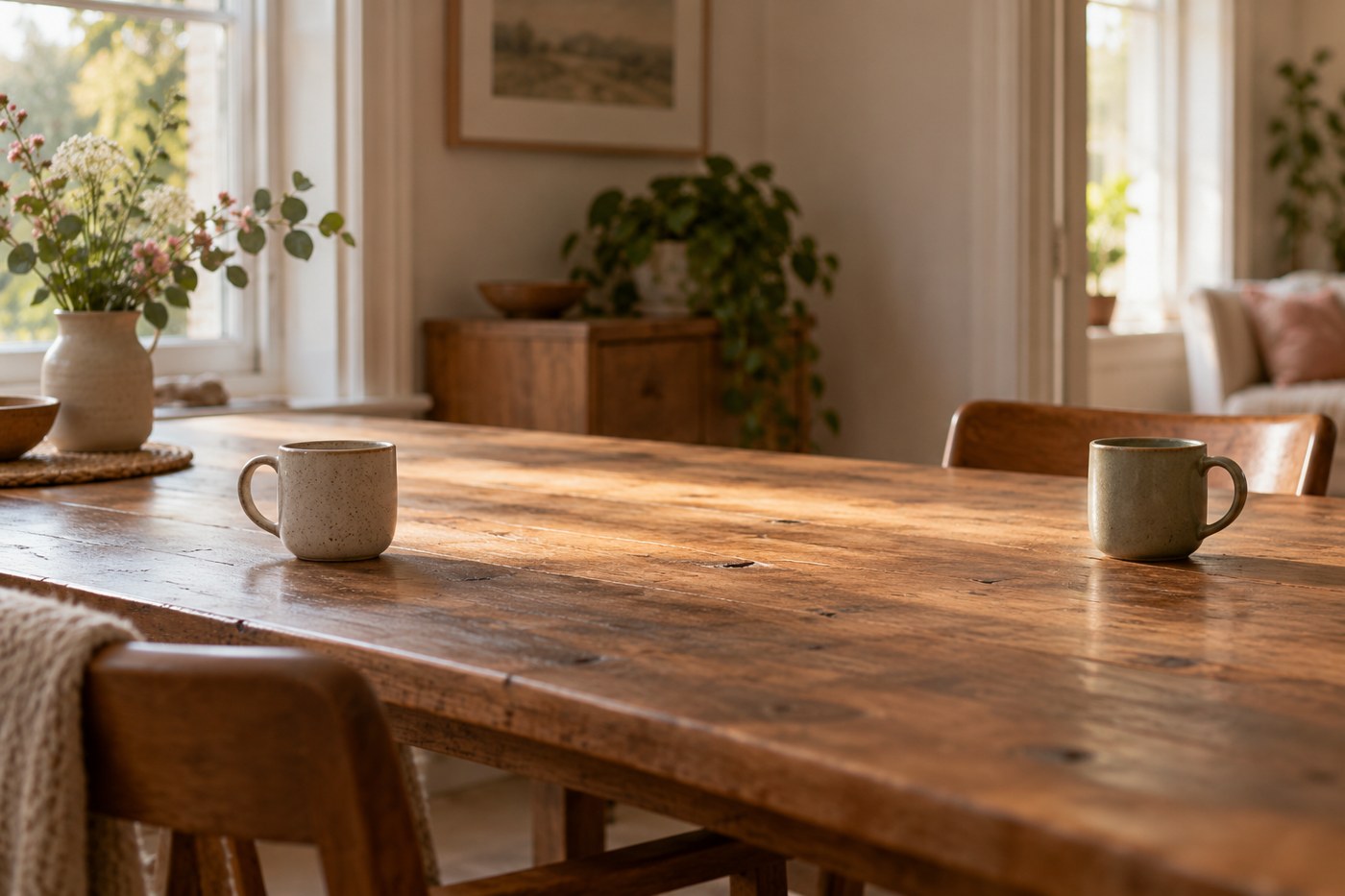Two ceramic cups set apart across a dining table