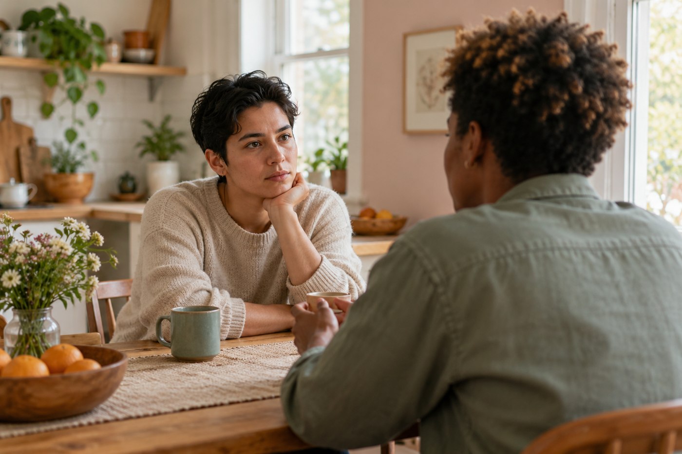 What Does Accountability After Cheating Actually Look Like? 1 Two adults having a thoughtful conversation across a table