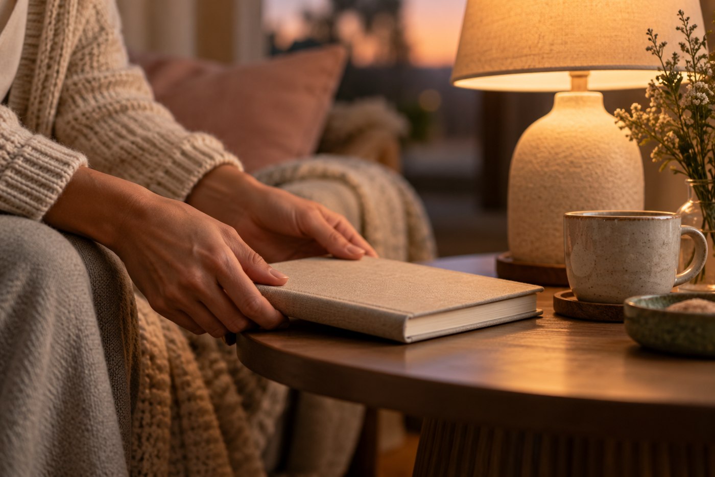 Hands setting a closed notebook aside in a quiet evening room