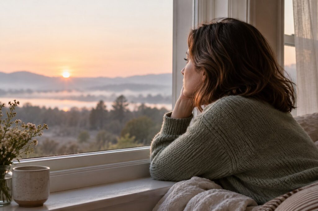An adult pausing thoughtfully beside a window