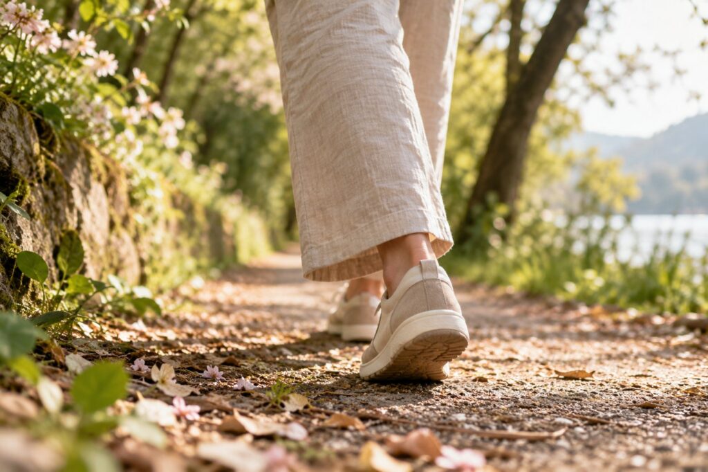 A person taking a step along a leafy walking path