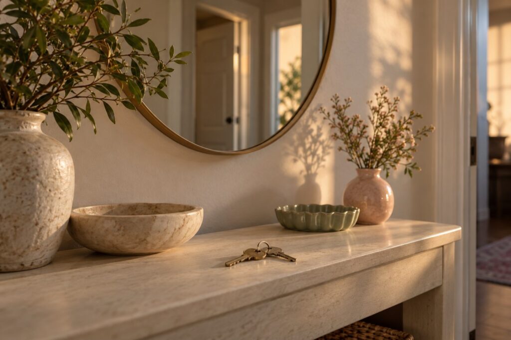 House keys on an entryway table beside a mirror