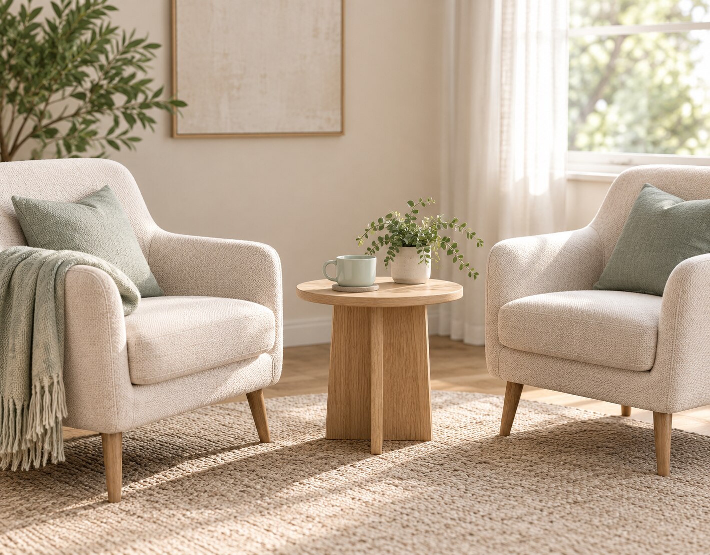 Two comfortable chairs with space for conversation