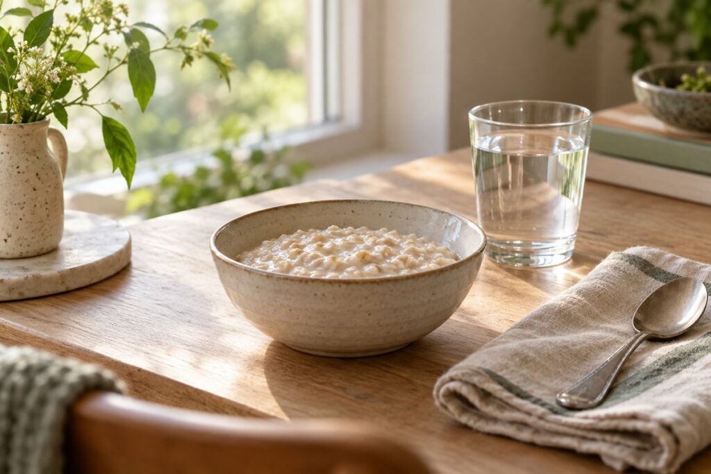 A simple breakfast and glass of water beside a sunlit window