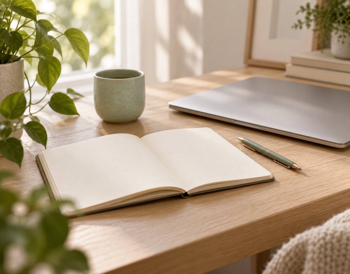 Open notebook and pen beside a closed laptop