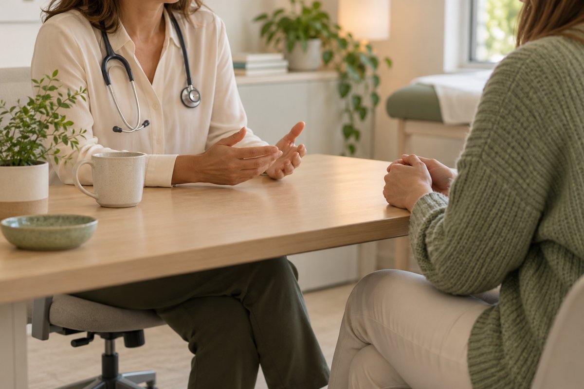A clinician listening to a visitor during a medical consultation