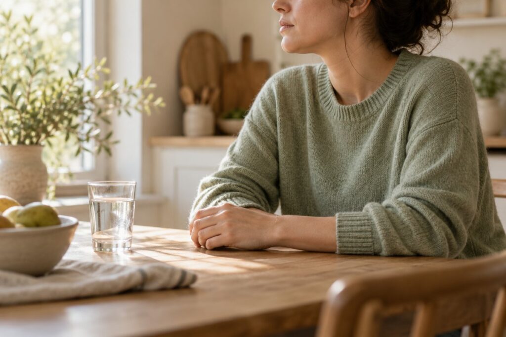 A person taking a quiet pause at a kitchen table beside a glass of water