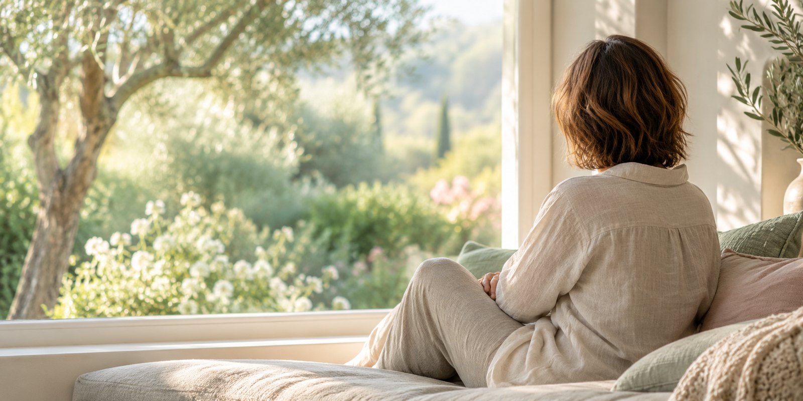 A person taking a quiet moment beside a sunlit window overlooking a garden