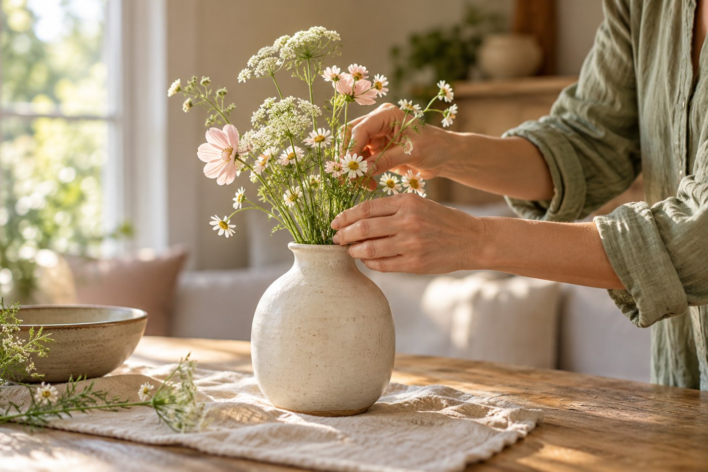 How to Trust Yourself Again After Being Lied To 1 Hands arranging pale flowers in a ceramic vase