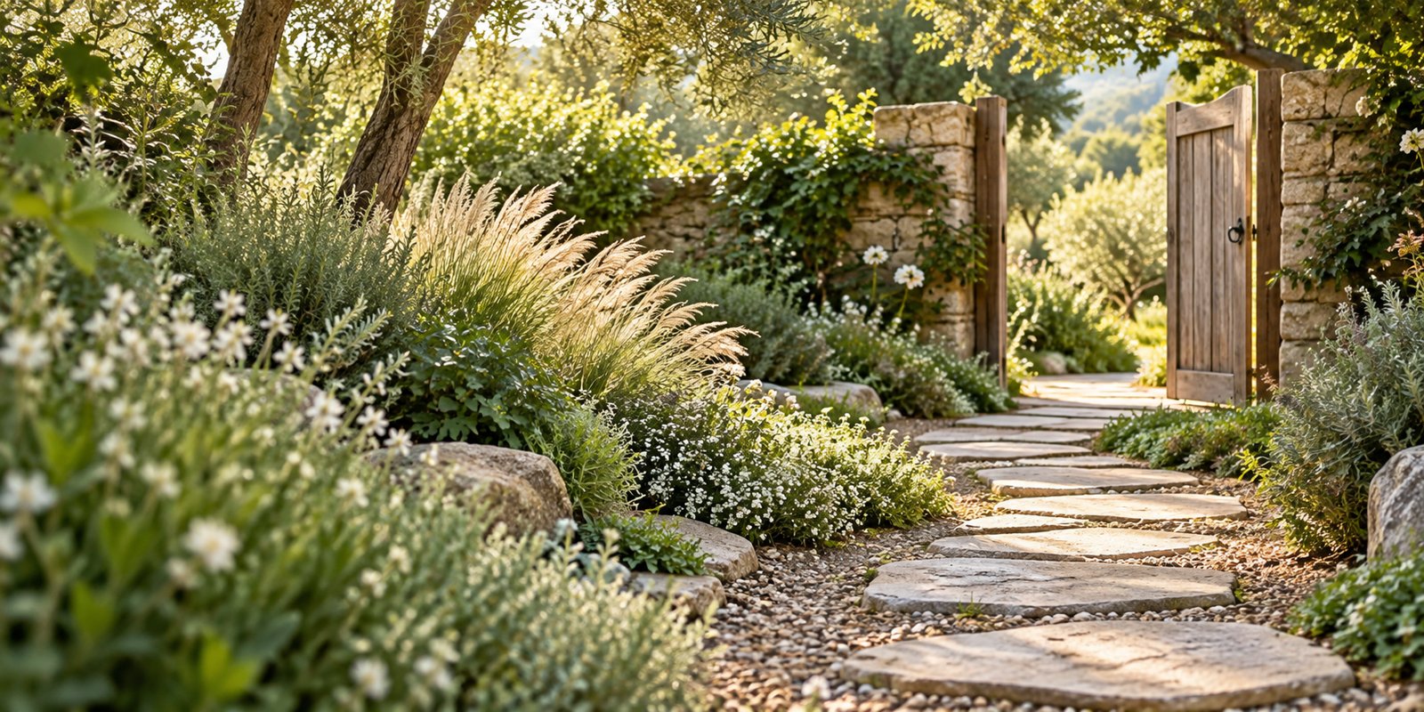 A sunlit stepping-stone garden path leading towards an open wooden gate