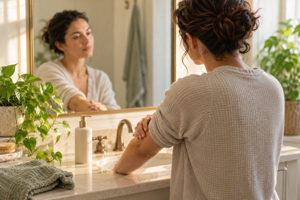 A person gently resting a hand on their forearm beside a bathroom mirror